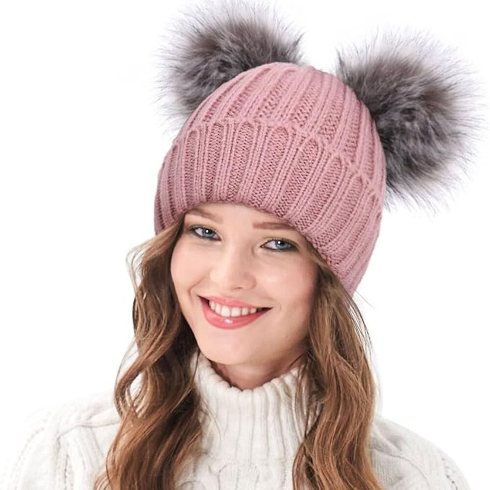 Arctic Paw Pom Pom Beanie Cable Knit Fleece Lined Winter Beanie Women Hat Pink